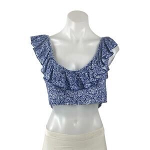NEW Valija Blue Ruffle Scoop Neck Backless Smocked Printed Boho Crop Top Size L